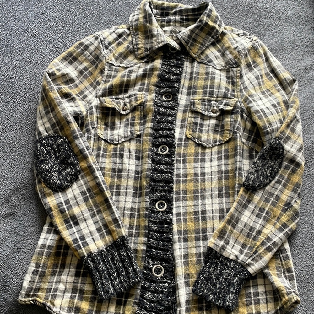 BKE Button up flannel plaid long sleeve shirt sweater trim eased yellow grey S